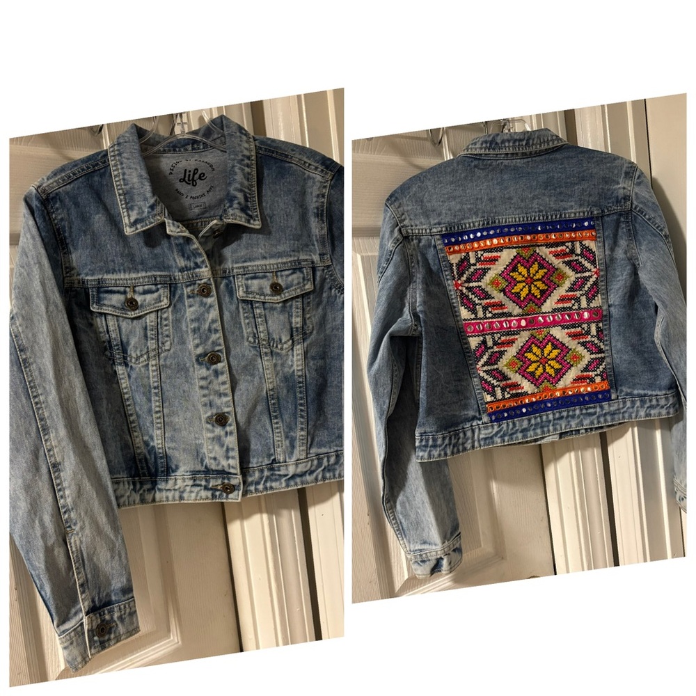 Life Denim Upcycled Boho Hippie Denim Jacket with Colorful Embroidery Large